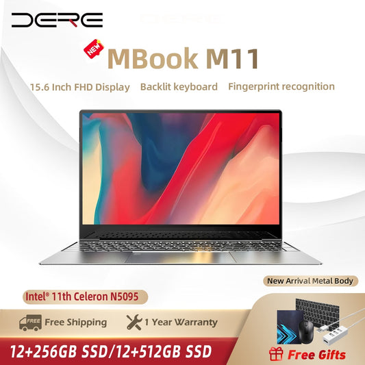 Dere Laptop MBook M11 15.6 Inch Intel Celeron N5095 12GB RAM 512GB SSD 1920*1080 Dual band WiFi Gaming Laptop Window 10 Notebook